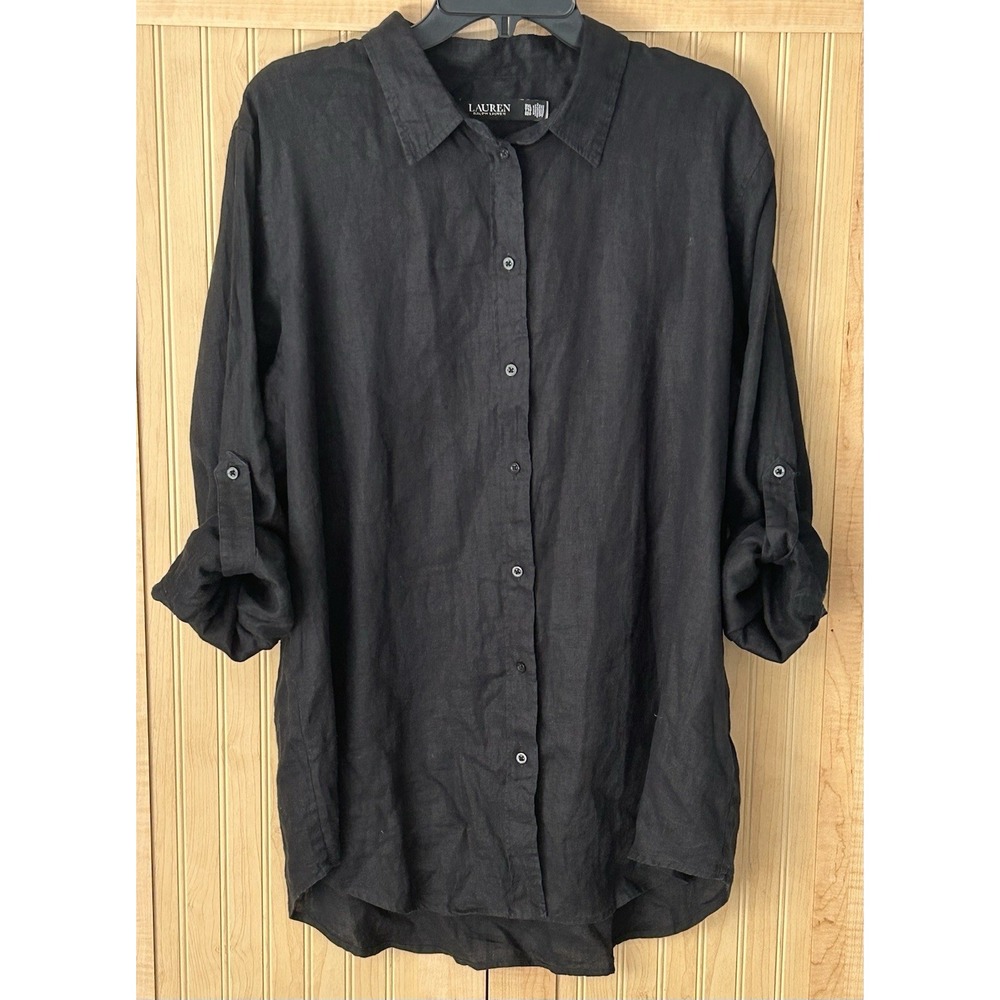Lauren Ralph Lauren Womens Black 100% Linen Roll Tab Sleeve Button Up Shirt 2XL